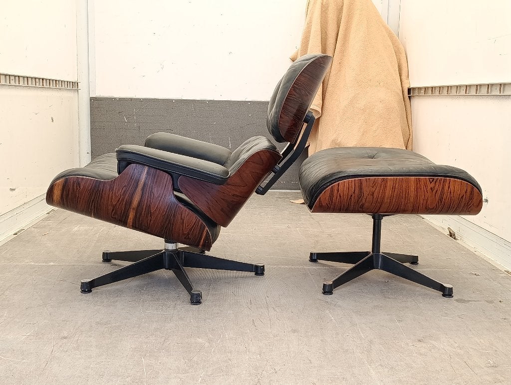 Eames lounge chair + ottoman rio palissander Vitra 1980s, Gebruikt, 75 tot 100 cm, 50 tot 75 cm, Leer