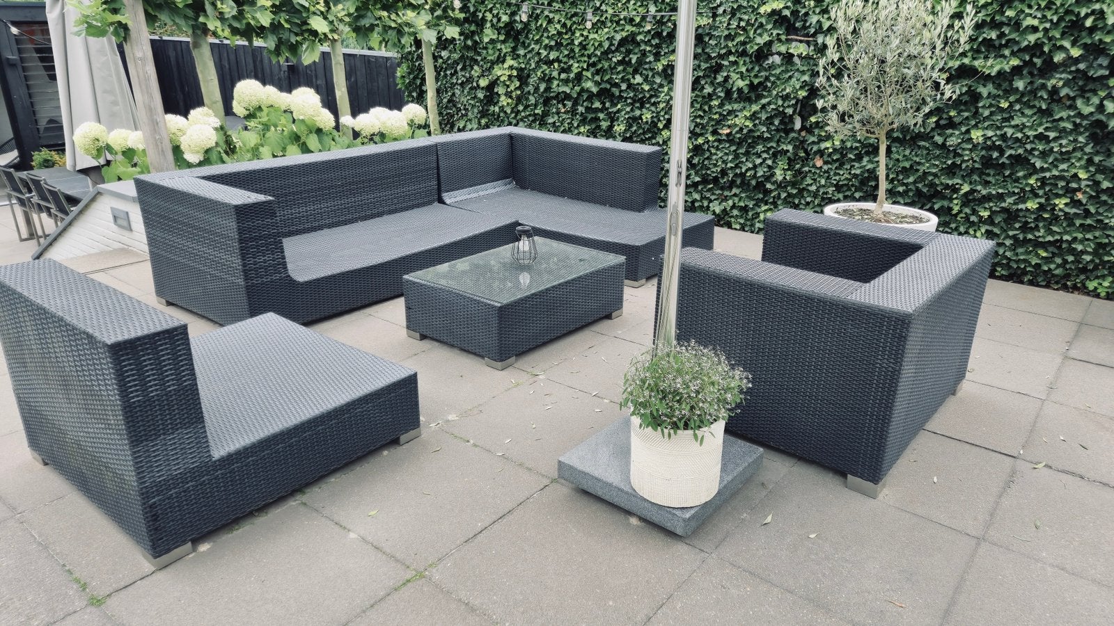 Zwarte loungeset (exclusief kussens), Ophalen, Gebruikt, Rotan, 6 zitplaatsen
