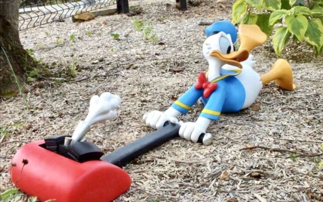 Donald Duck hangend achter grasmaaier, Verzamelen, Ophalen, Donald Duck, Zo goed als nieuw, Beeldje of Figuurtje