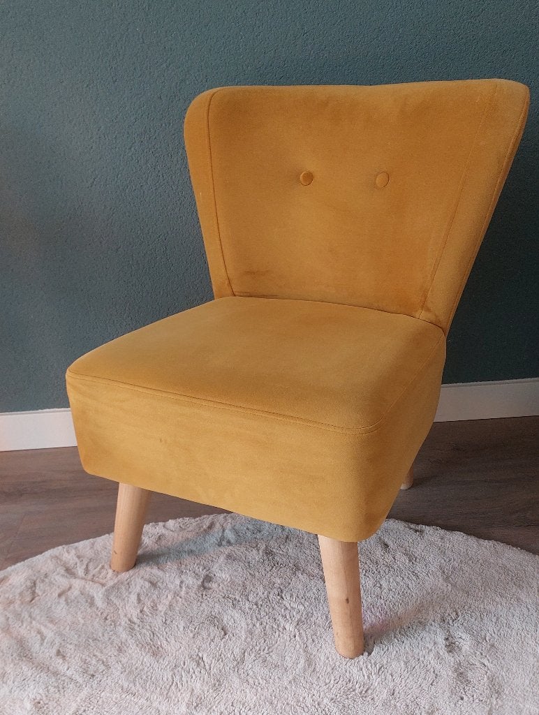 Velours Fauteuil Okergeel, Ophalen, Gebruikt, Minder dan 75 cm, 50 tot 75 cm