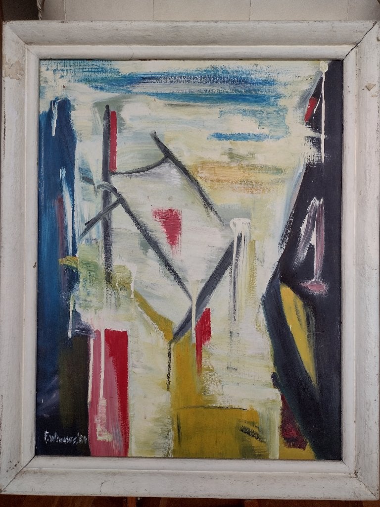 Mondriaan stijl modern schilderij op paneel is gesineerd, Ophalen of Verzenden, Handgeschilderd, Abstract