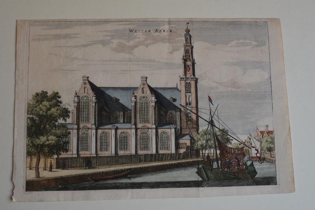 AMSTERDAM WESTERKERK EN -TOREN Gravure 1663 O. DAPPER E28, Antiek en Kunst, Kunst | Etsen en Gravures, Verzenden, Stadsgezicht