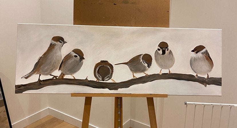 Groot Schilderij mussen vogels 120x80, Antiek en Kunst, Acrylverf, Doek, Dieren, Ophalen of Verzenden