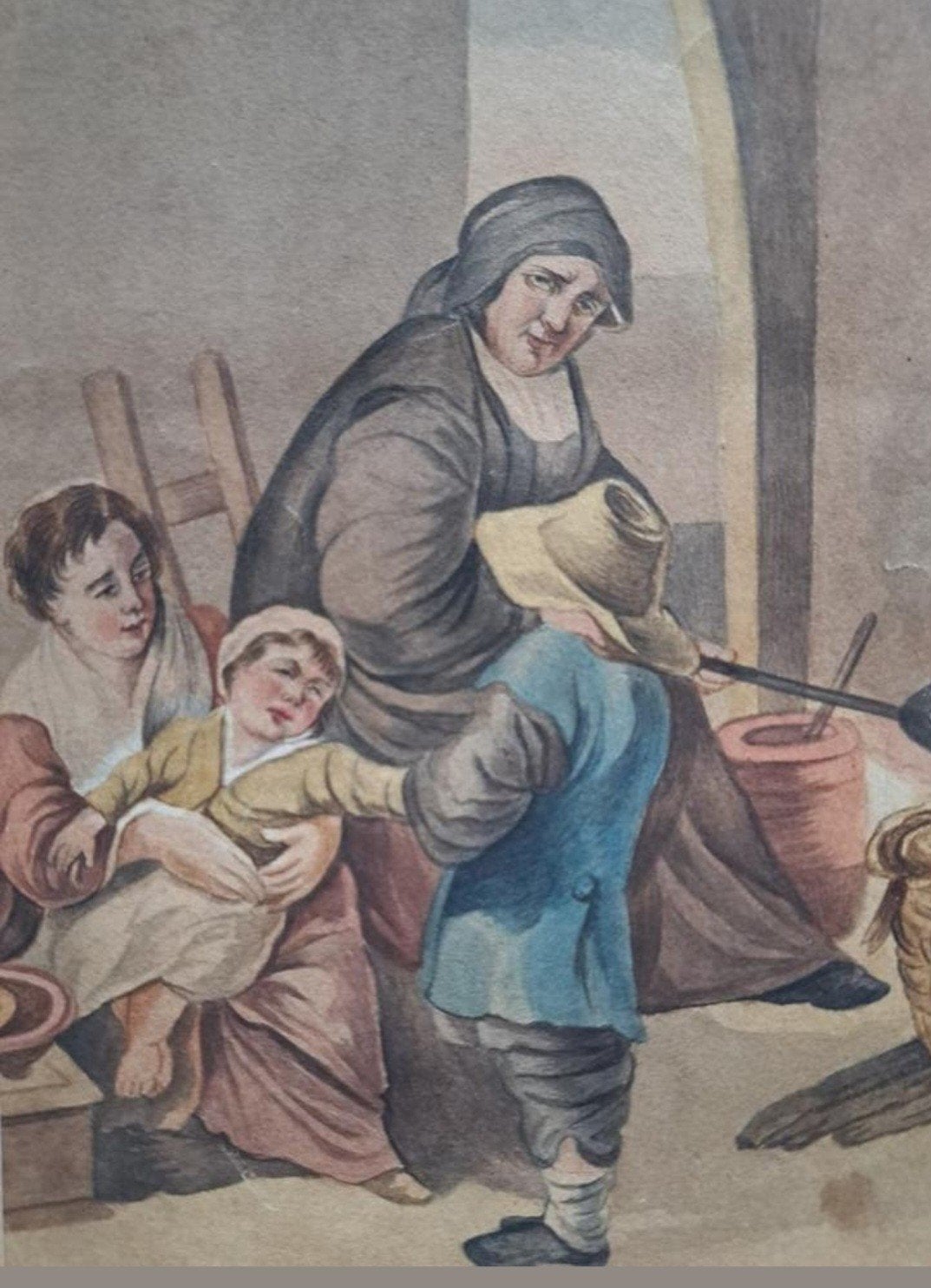 Aquarel Moeder + kinderen 19e eeuw, Ophalen of Verzenden