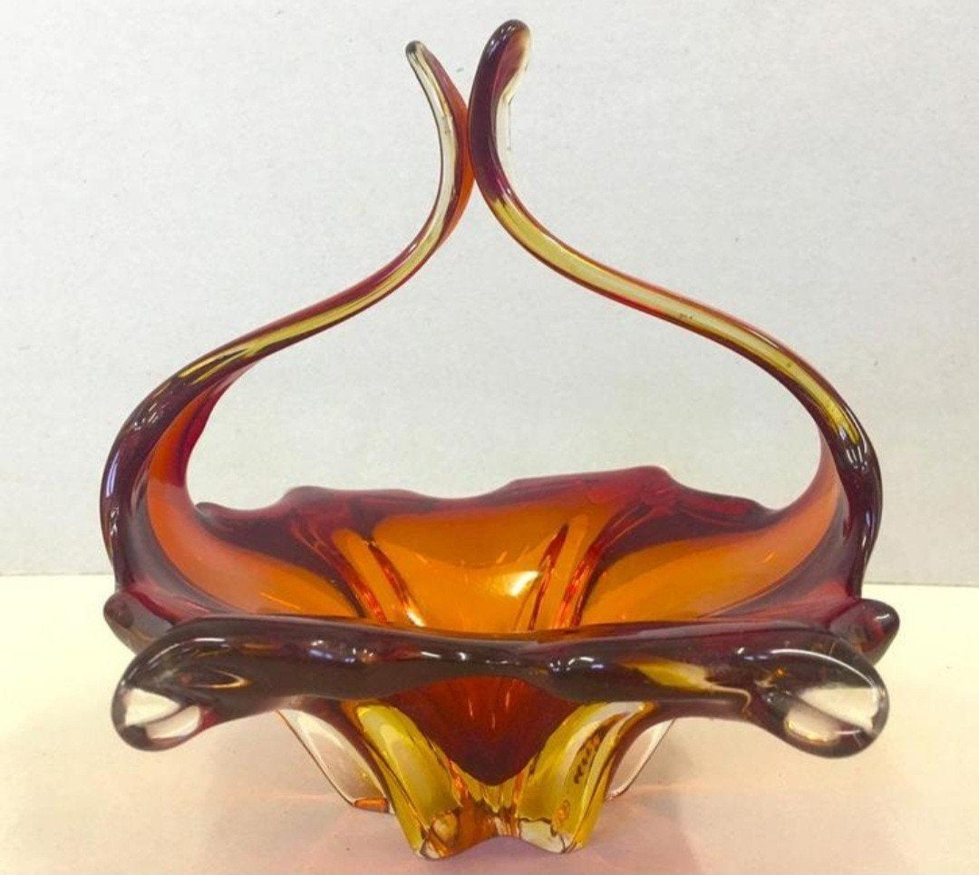 ANTIEKE HANDGEMAAKTE MURANO VAAS Venetië glas Italië oranje., Ophalen of Verzenden