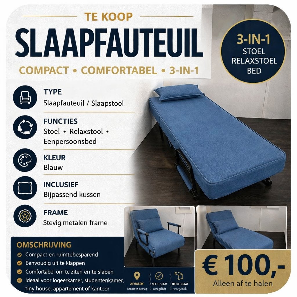Slaapstoel, Ophalen, Zo goed als nieuw, Eenpersoons, Blauw