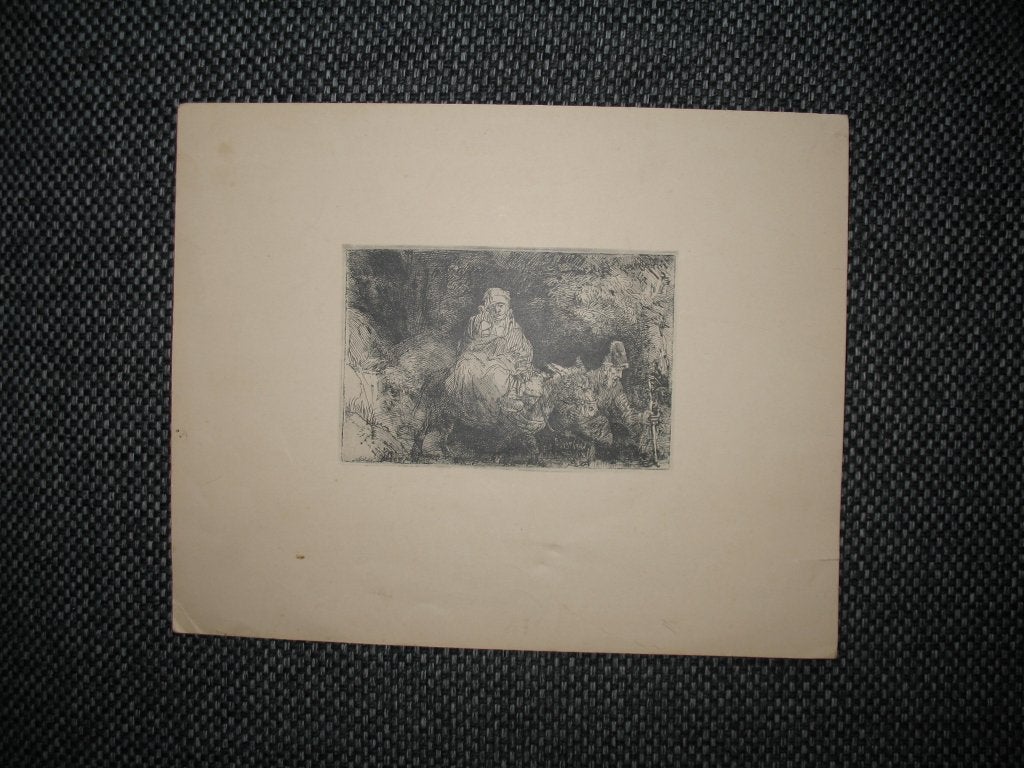 Kleine Prent *De vlucht naar Egypte op Groot Papier Vintage, Ophalen of Verzenden