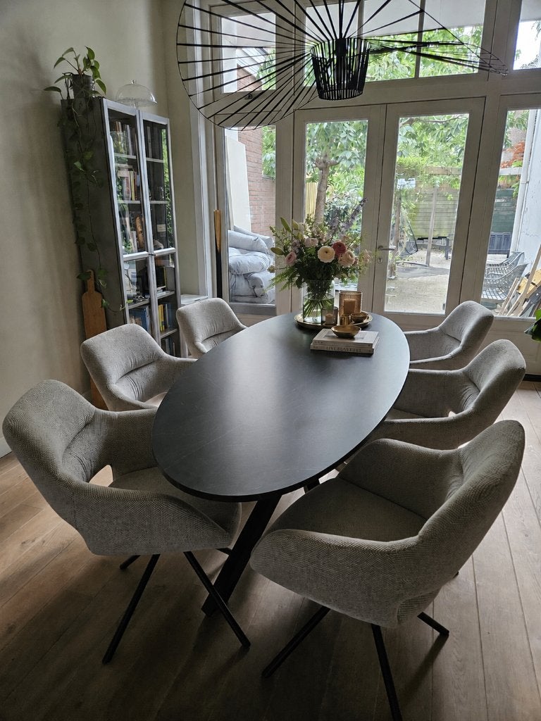 Eettafel ovaal zwart marmerlook, metalen poot 180x100, Huis en Inrichting, Tafels | Eettafels, Ophalen, Gebruikt, 50 tot 100 cm
