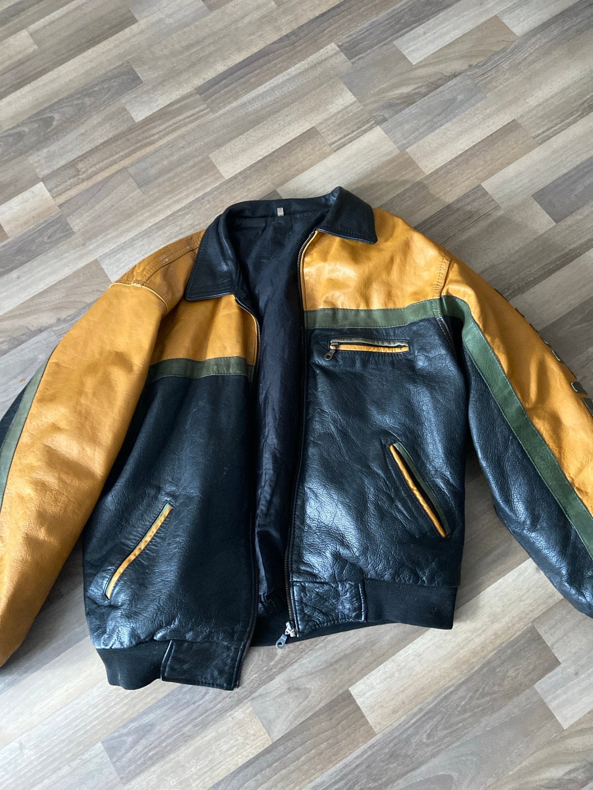 Vintage Leren Jas - Zwart, Geel, Groen - Maat L, Verzenden, Gedragen, Maat 52/54 (L), Zwart