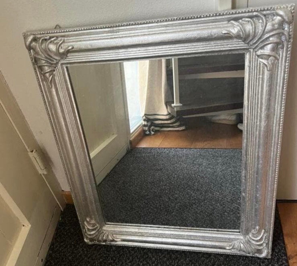 Brocante Houten Spiegel Zilver/2 Kisten met HOME tekst nieuw, Ophalen of Verzenden, Zo goed als nieuw, Rechthoekig, Minder dan 50 cm