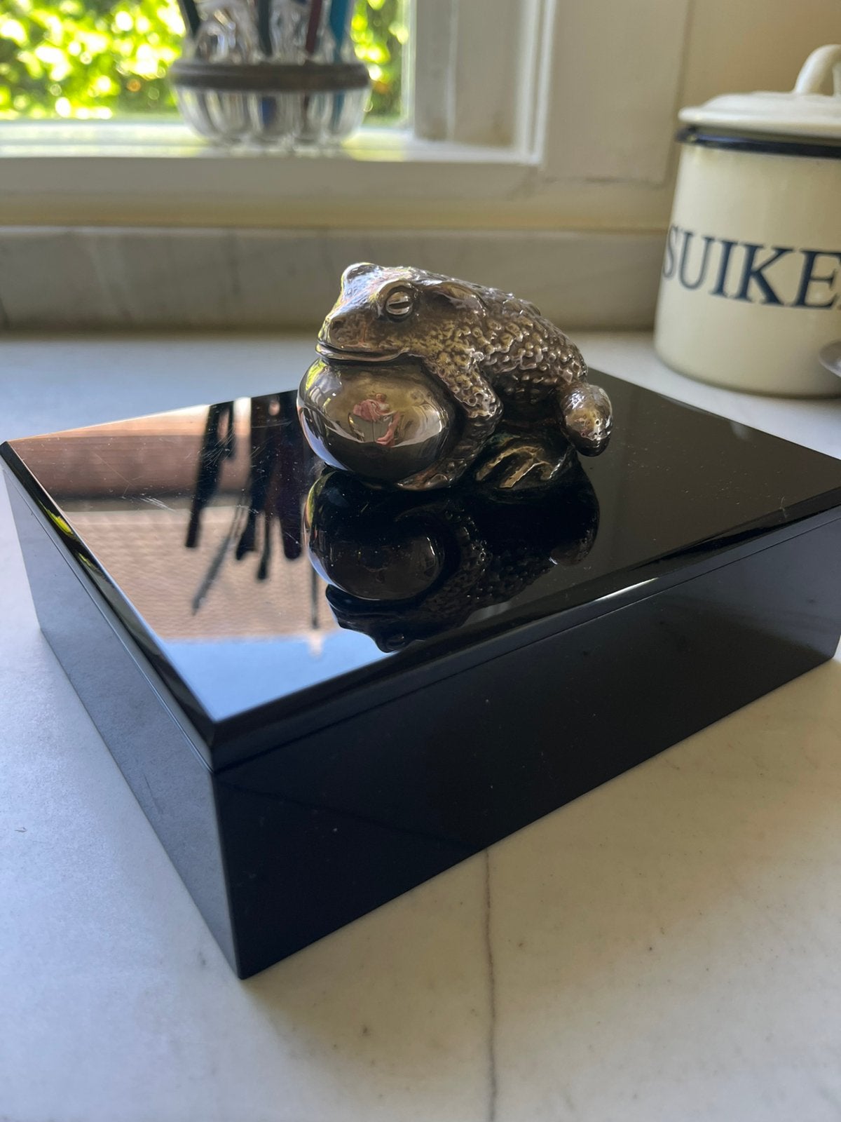 Zilveren pad lucite doosje, Ophalen of Verzenden
