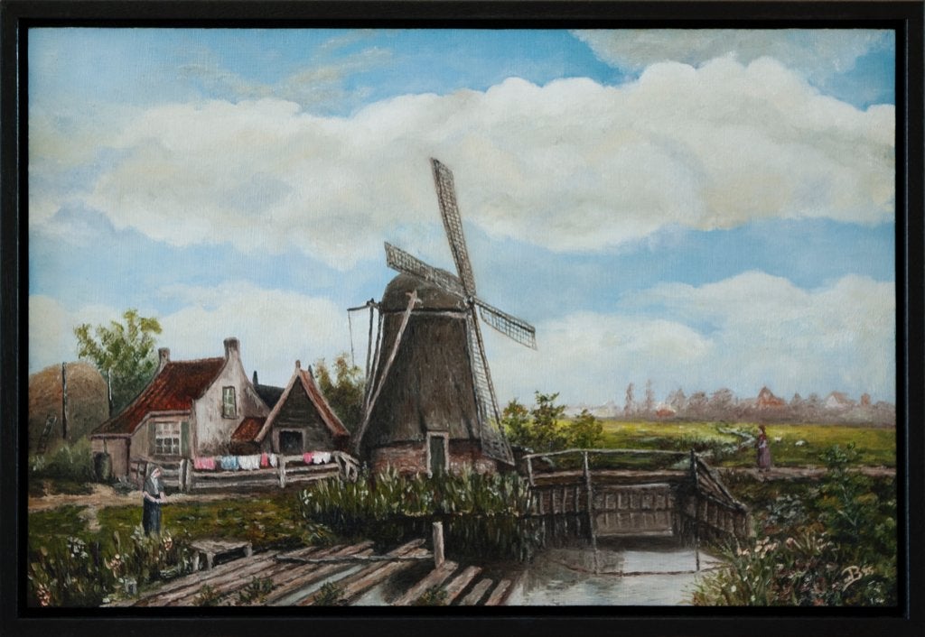 Hollands landschap met karakteristieke molen, Paneel, Oud hollands, Ophalen of Verzenden, Landschap