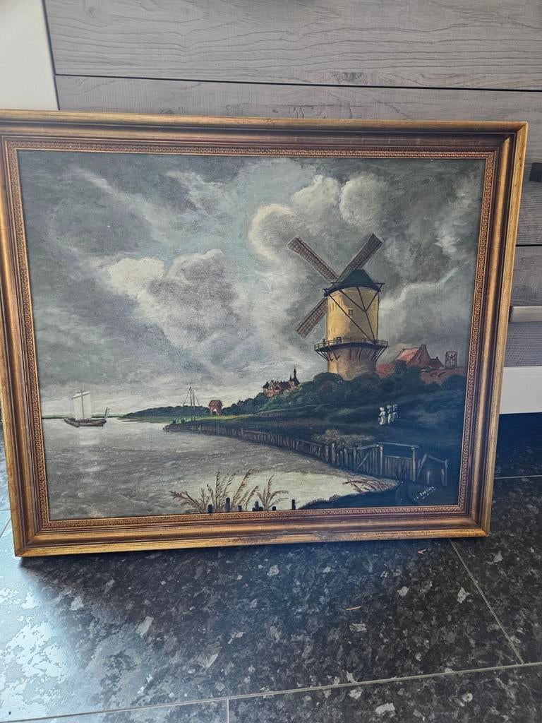 Oud schilderij met molen en waterlandschap, Antiek en Kunst, Kunst | Schilderijen | Klassiek, Ophalen of Verzenden