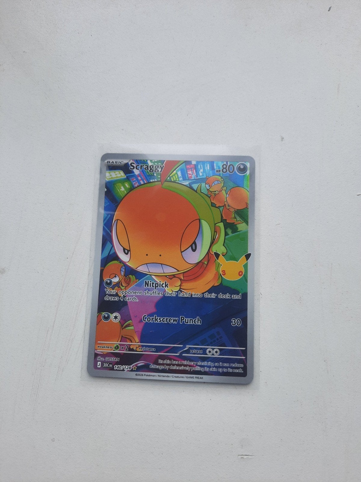 Pokemon Kaart Scraggy 140/124 Full Art 30th anniversery, Ophalen of Verzenden, Zo goed als nieuw, Losse kaart