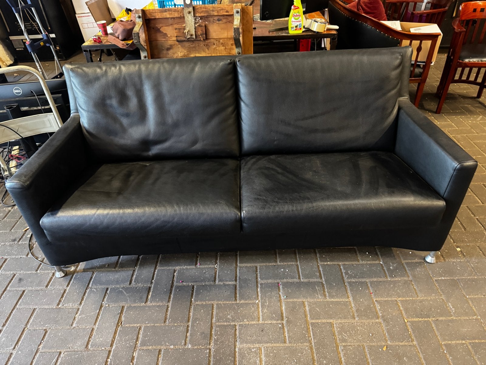 Leolux 2-zits bank zwart leer, Ophalen, Gebruikt, 150 tot 200 cm, Tweepersoons