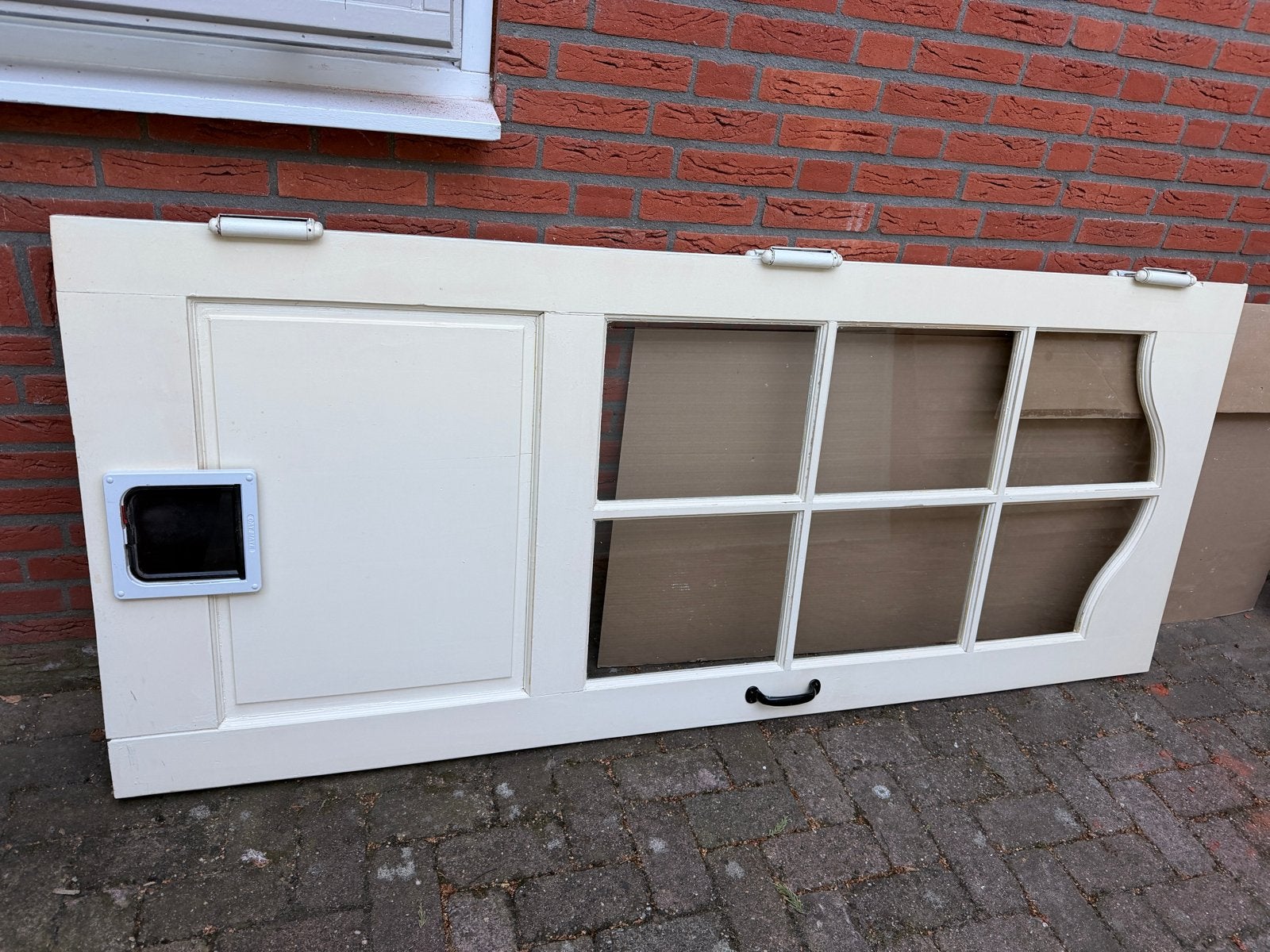 Crème Buitendeur met Kattenluik en Glaspanelen, Ophalen, Gebruikt, 80 tot 100 cm, Buitendeur