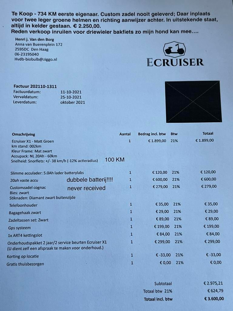 E-Cruiser X1 Matt Groen + dubbele accu, Fietsen en Brommers, Snorfietsen en Snorscooters, Overige merken, Elektrisch, Ophalen