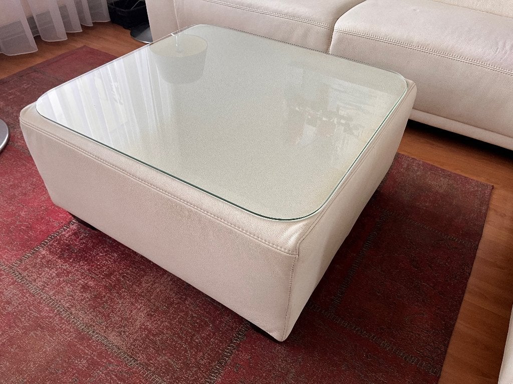 Witte leren salontafel met glasplaat, Ophalen, Gebruikt, 50 tot 100 cm, 50 tot 100 cm