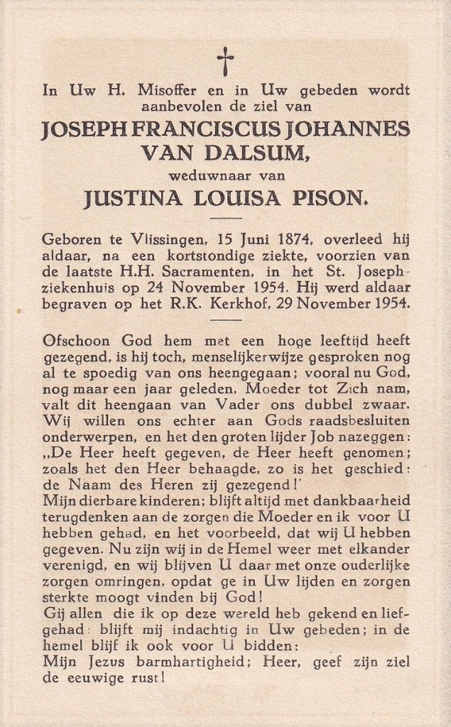 Dalsum Joseph 1874 Vlissingen 1954, Ophalen of Verzenden, Bidprentje