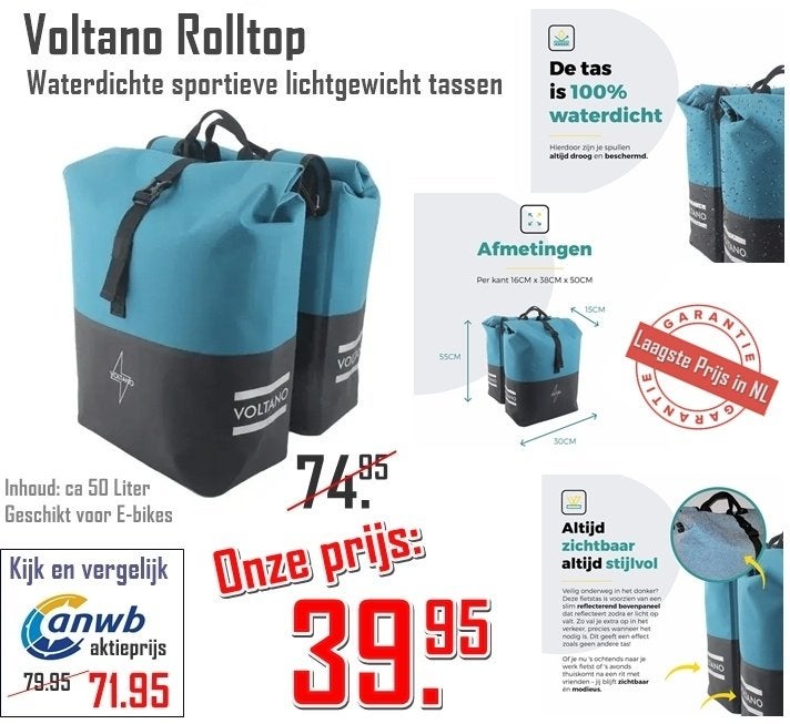Voltano Rolltop Dubbel -waterdichte tas -LAAGSTE PRIJS IN NL, Fietsen en Brommers, Ophalen of Verzenden, Nieuw, Overige merken