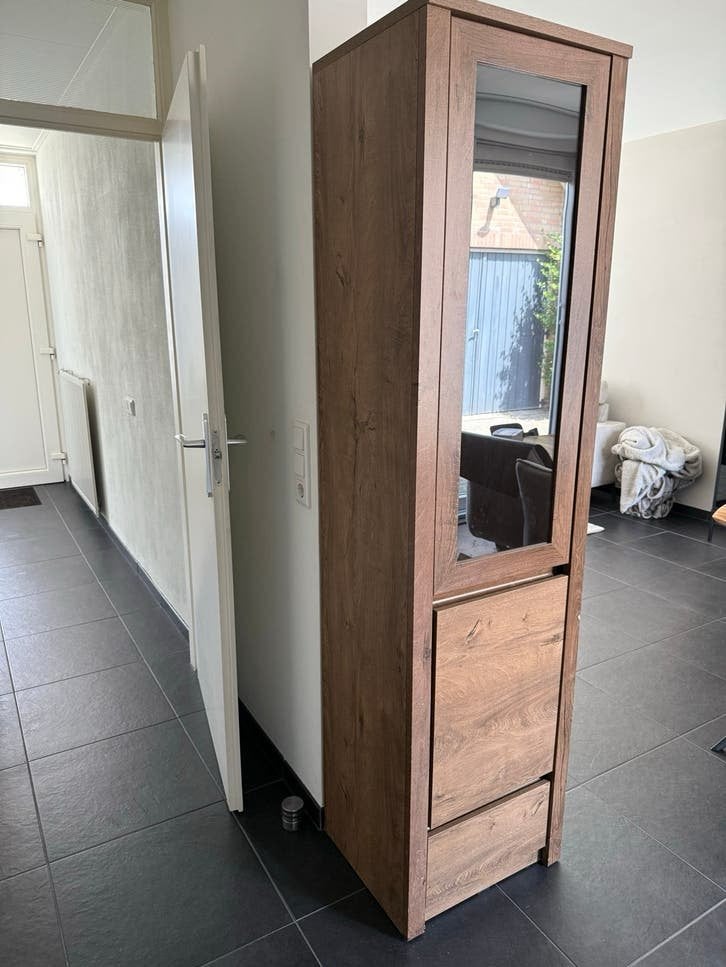 Hoge kast met glazen deur en lade- 196,5 cm hoog, Ophalen, Gebruikt, 50 tot 100 cm, Met lade(s)