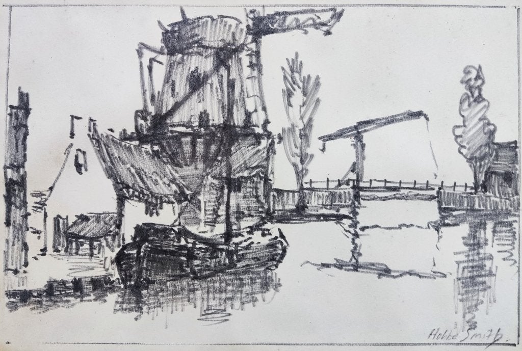 Hobbe Smith (1862-1942) - Vaart met molen, Antiek en Kunst, Kunst | Tekeningen en Foto's, Tekening, Pentekening, Achter glas, Gesigneerd