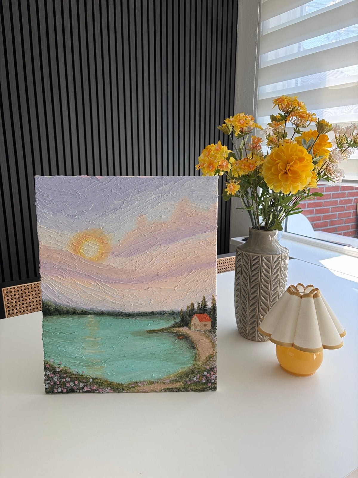 Origineel acrylverfschilderij landschap meer– 40 x 50 cm, Landschap, Acrylverf, Handgeschilderd, Ophalen of Verzenden