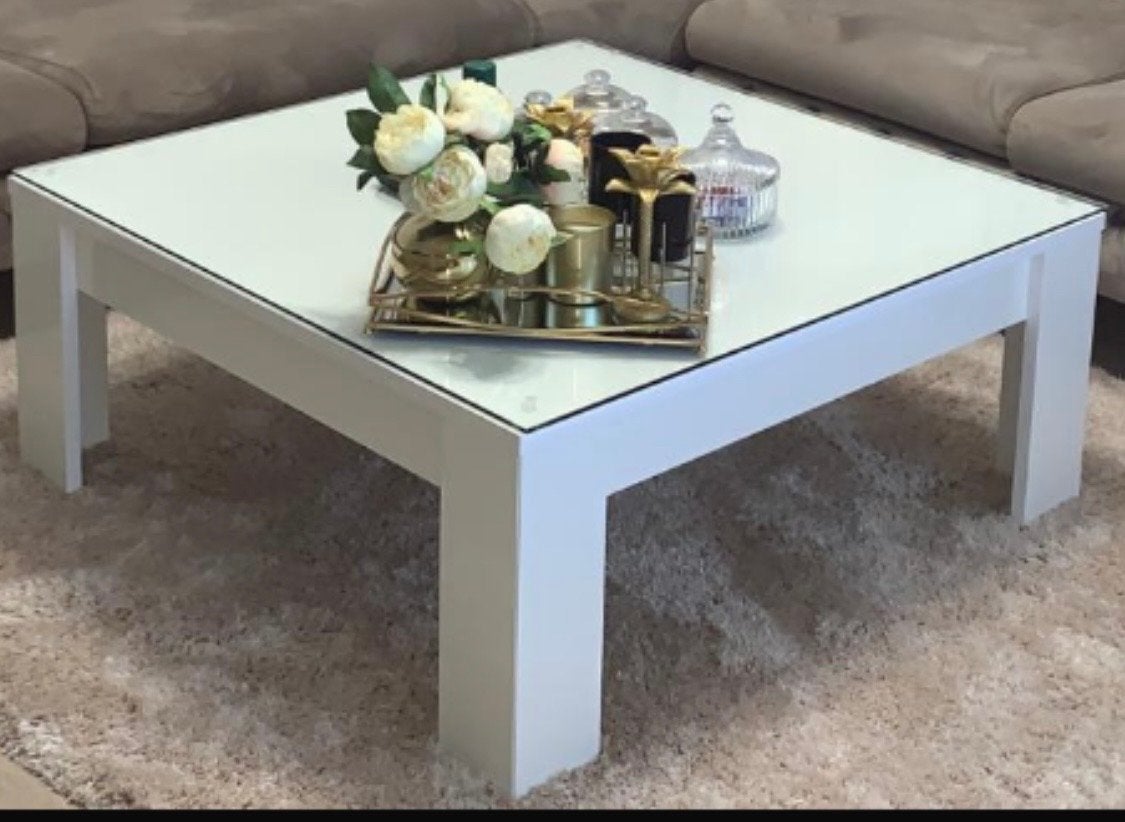 Moderne witte salontafel met glazen blad, Ophalen, Vierkant, 50 tot 100 cm, 5 – 50
