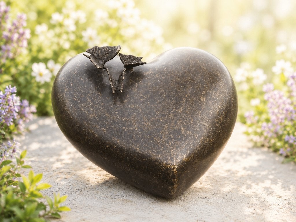 Grote BRONZEN URN / grafdecoratie / HART met VLINDERS, Nieuw, Info@huisentuindecoratiemarie.nl, Huis en tuin decoratie marie, Peize