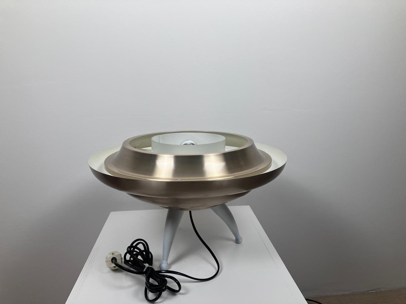 Vintage jaren 70 Design Tafellamp - Wit/Brons UFO lamp, Ophalen of Verzenden