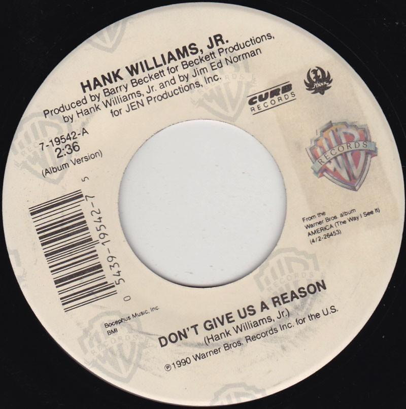 Hank Williams Jr - Don't Give Us A Reason 7", Cd's en Dvd's, Vinyl Singles, 7 inch, Single, Ophalen of Verzenden, Zo goed als nieuw