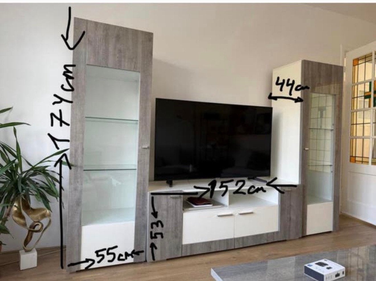 3-delige TV Wandmeubel Set - Wit & Grijs, Ophalen, 250 tot 300 cm, 150 tot 200 cm, 25 tot 50 cm
