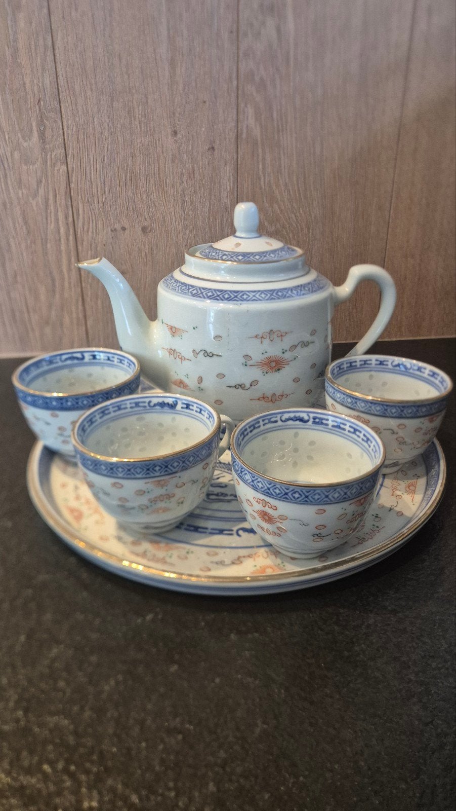 Vintage Chinees theeservies met drakenmotief, Ophalen of Verzenden