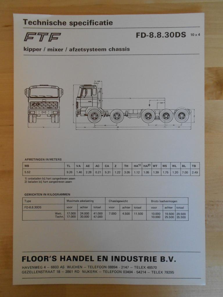 FTF 10x4 ca 1985 Technische Specificatie Folder, Ophalen of Verzenden, Zo goed als nieuw, Overige merken, GINAF