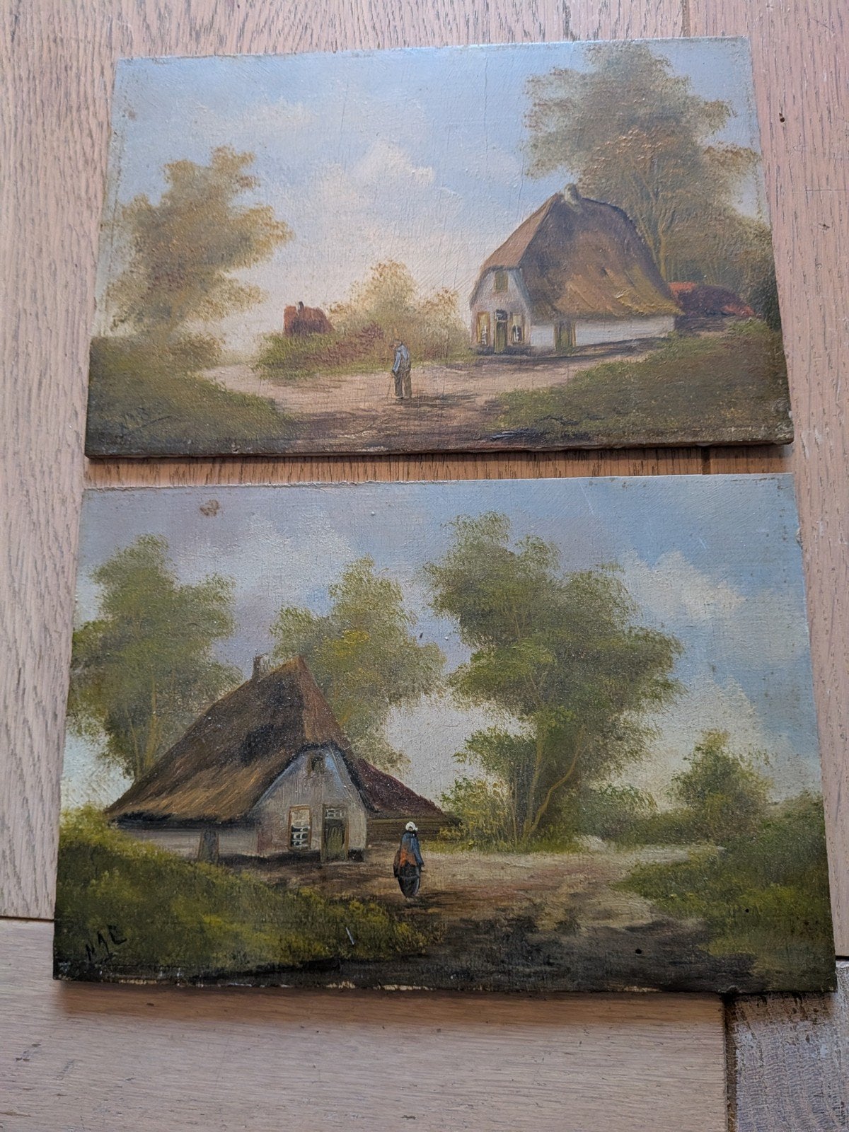 Set van 2 Antieke Hollandse Landschappen Olieverf op Paneel, Ophalen of Verzenden