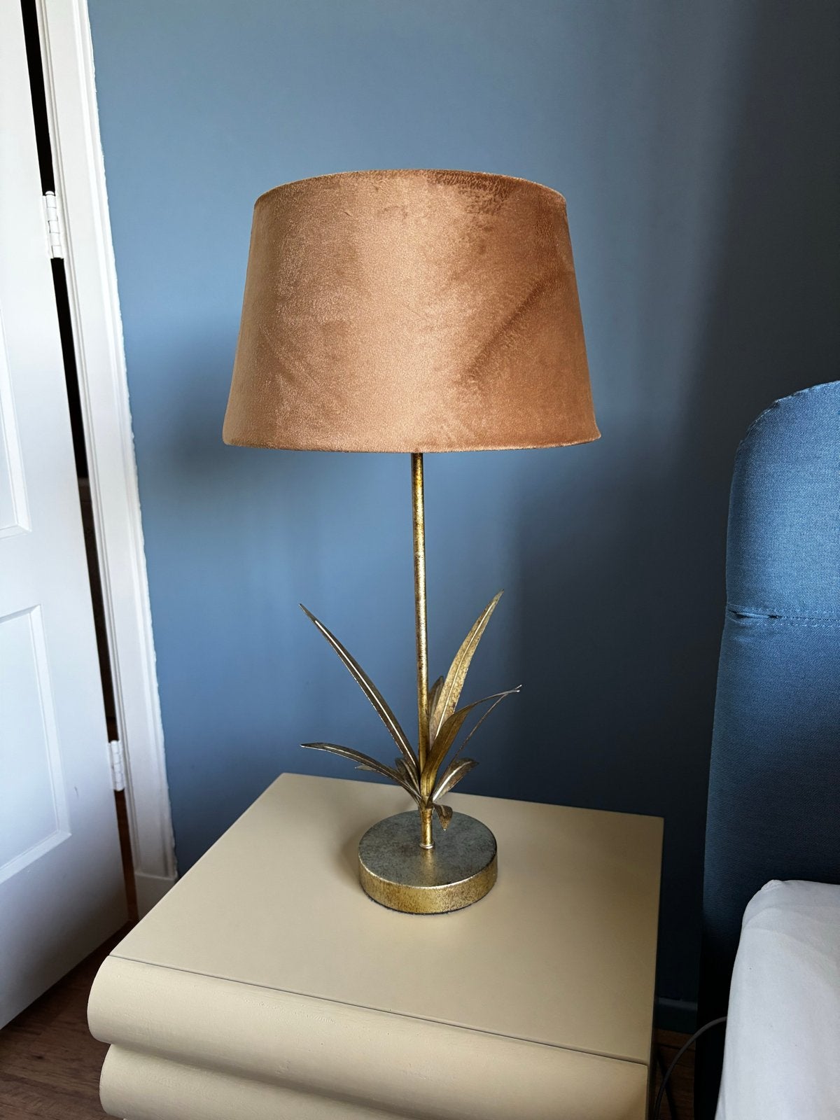 Gouden tafellamp met fluwelen kap, Ophalen, Gebruikt, Overige merken, Goud