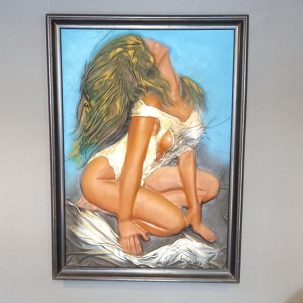 Vintage XL leren reliëf schilderij van een sexy dame, Ophalen of Verzenden, Zo goed als nieuw, 72 cm, 99 cm