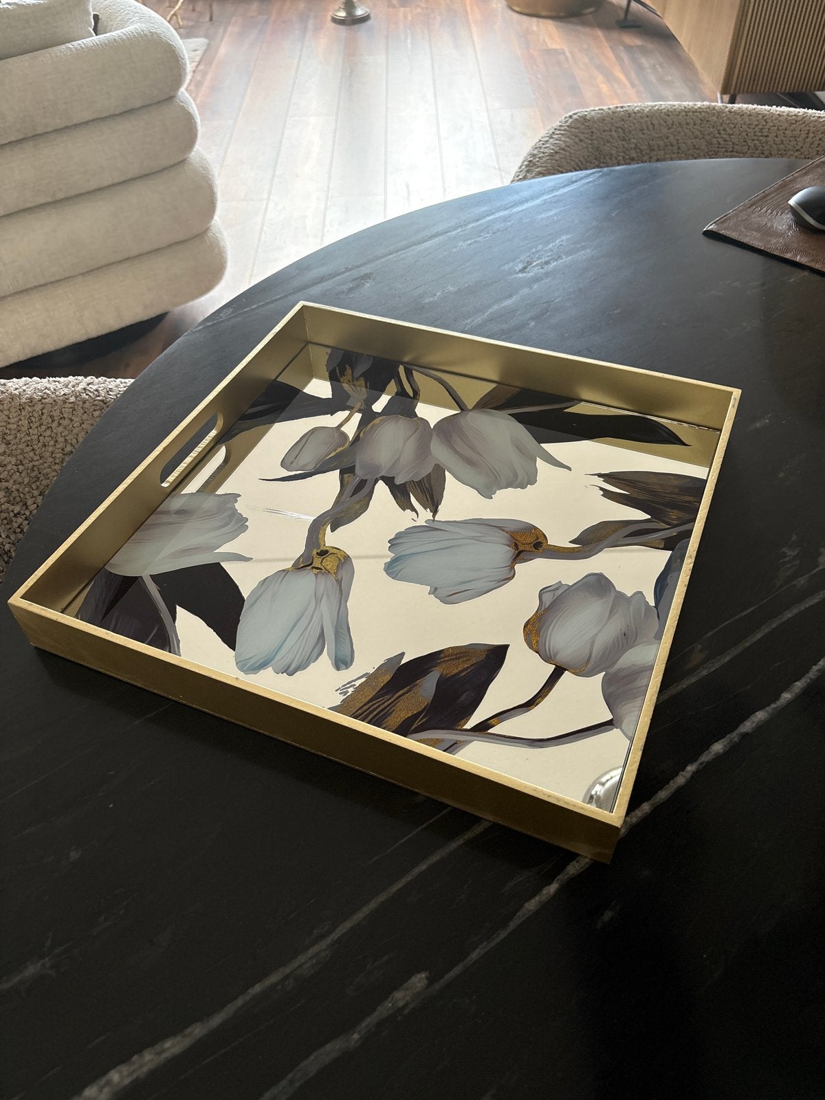 Dienblad 40x40cm PTMD Goud Look met Bloemenprint, Ophalen, Met spiegel, Vierkant, Nieuw