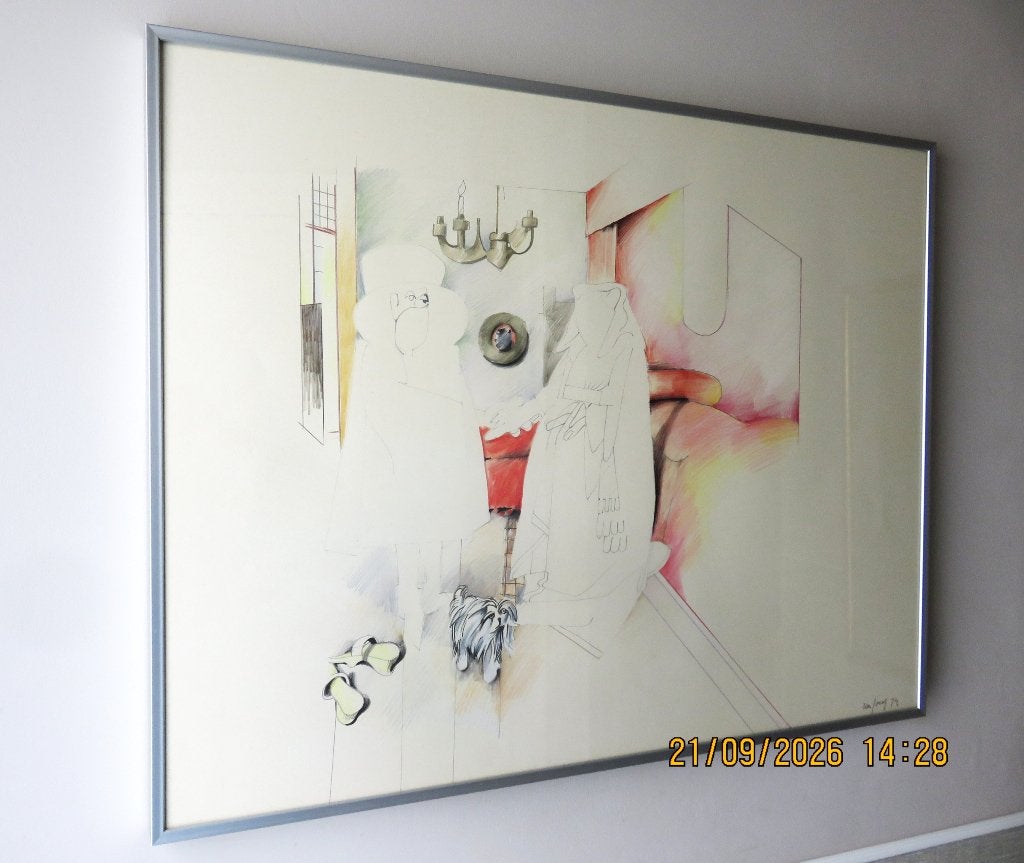 Pierre van Soest - kleurpotlood tekening - De bruiloft, Figuren, Papier/karton, Overige technieken, Achter glas