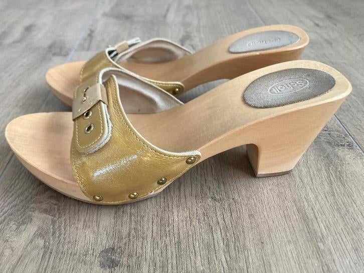 Halfhoge mosterd gele lederen kleppers Scholl mt 39, Scholl, Geel, Zo goed als nieuw, Sandalen of Muiltjes