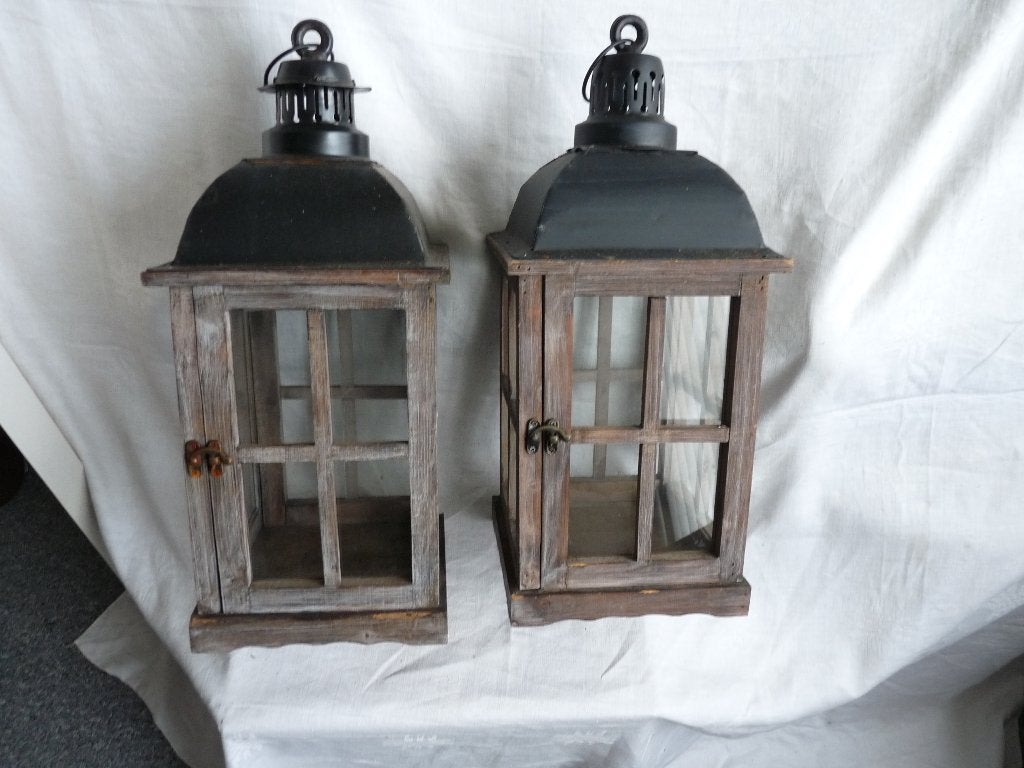 Set van 2 houten lantaarns, 22x22x50 cm, Ophalen, Gebruikt, 50 cm, Hout