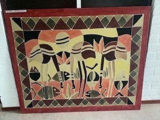 Zuid-Afrikaans kunstwerk wandkleed wanddoek batik, Ophalen, Zo goed als nieuw, Ingelijst, Wandkleed