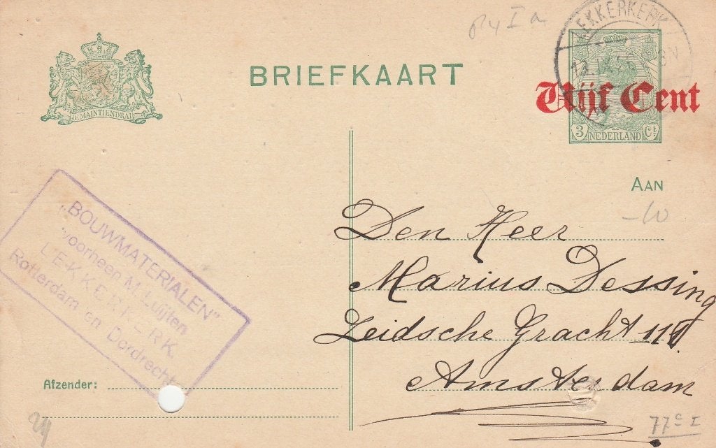 LEKKERKERK 1920 BOUWMATERIALEN vh M. LUIJTEN, Verzamelen, Ansichtkaarten | Nederland, Ophalen of Verzenden, Voor 1920, Gelopen