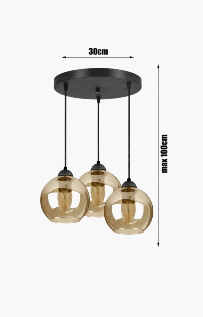 Industriële hanglamp met 3 amberkleurige glazen bollen, Ophalen, Industrieel, Modern, E27 (groot), Zo goed als nieuw
