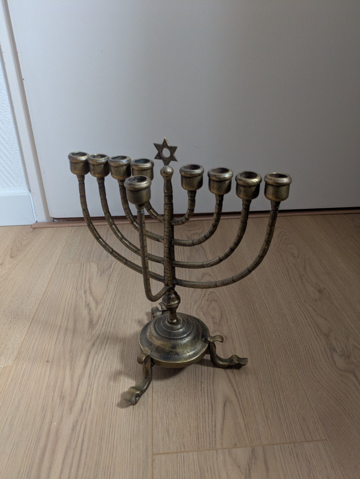 Antieke koperen Menorah met Davidster, Antiek en Kunst, Ophalen of Verzenden, Koper of Brons