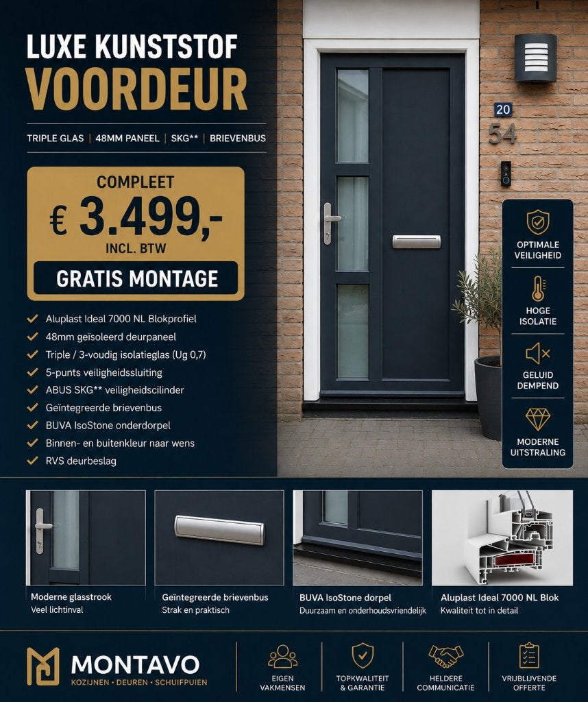 Luxe Kunststof Voordeur | GRATIS Montage | Triple Glas |, 215 cm of meer, Nieuw, Buitendeur, Glas