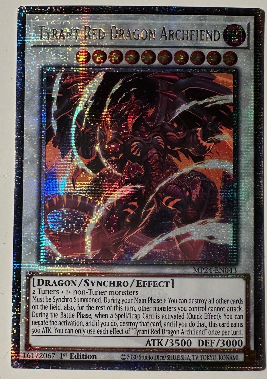 Yu-Gi-Oh! Tyrant Red Dragon Archfiend 1st Ed Quartercentury, Ophalen of Verzenden, Zo goed als nieuw, Losse kaart, Foil
