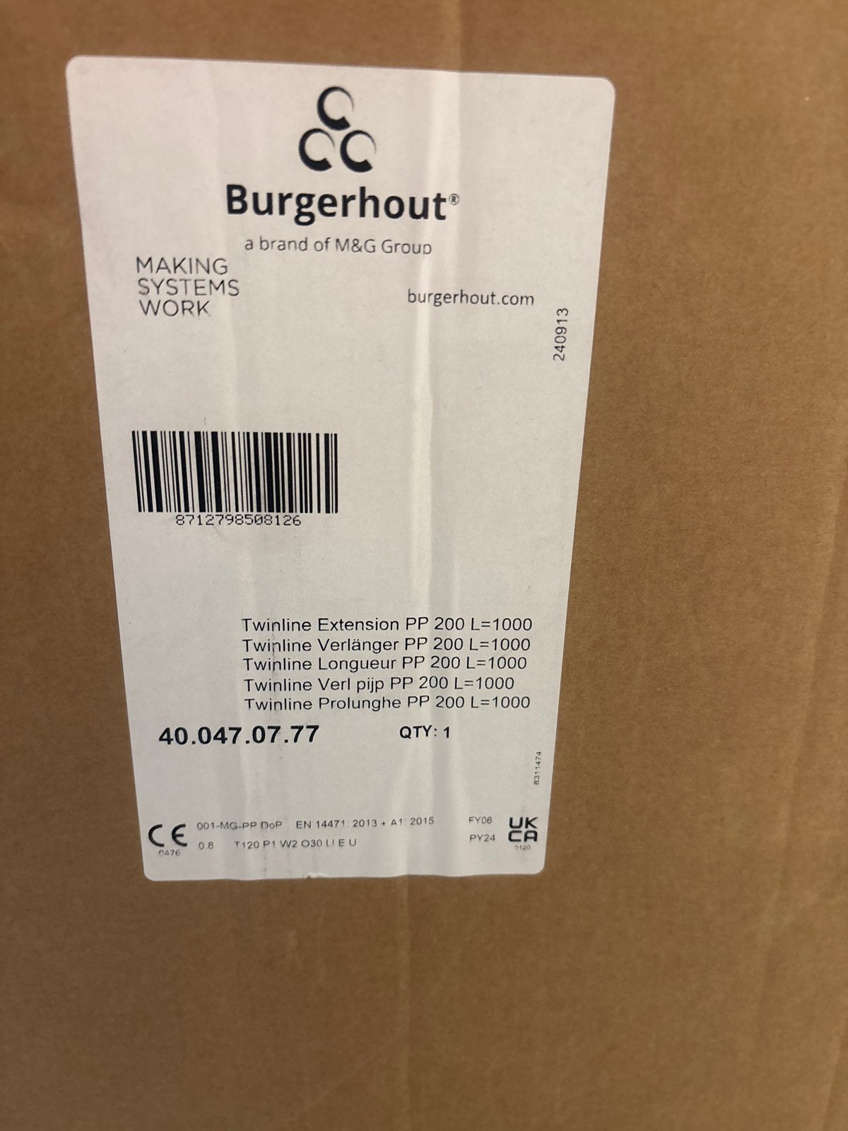 Burgerhout Twinline Verlengpijp PP 200 L=1000, Pvc, Nieuw, Ophalen of Verzenden, Minder dan 2 meter
