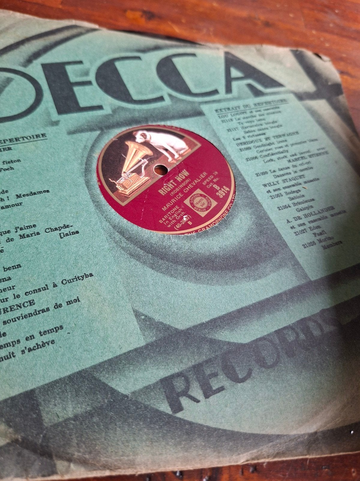 Maurice Chevalier - Right Now (Decca 3914) 78 bakkeliet, Cd's en Dvd's, Gebruikt, Originele persing, 7 inch, Ophalen of Verzenden