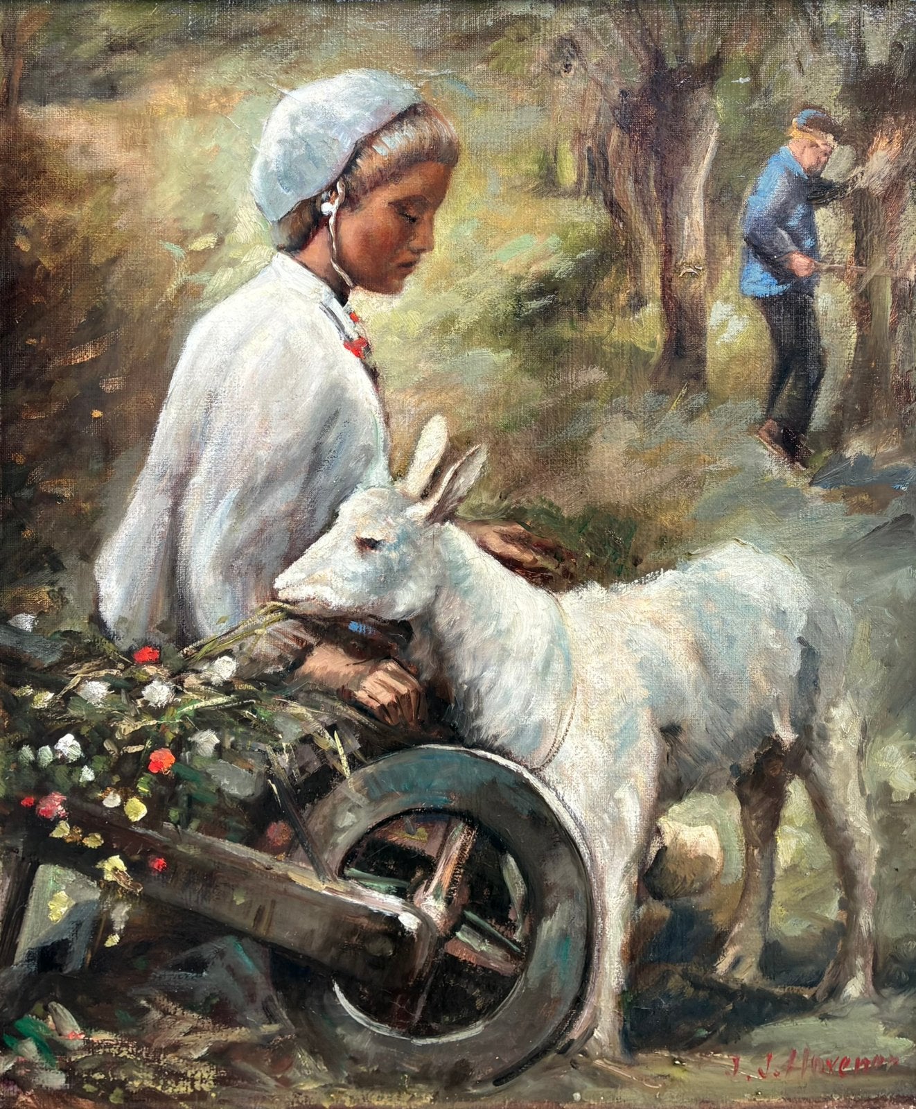 “Meisje met kruiwagen en geit” Jan Hovener (1936-1921), Ophalen, Doek, Olieverf, Gesigneerd